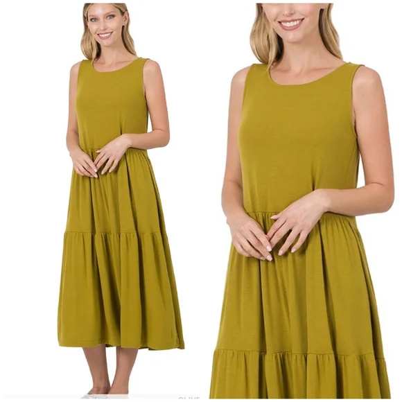 Olive Mustard Amazing Soft Oversized Tiered Midi Dress - Picture 4 of 6